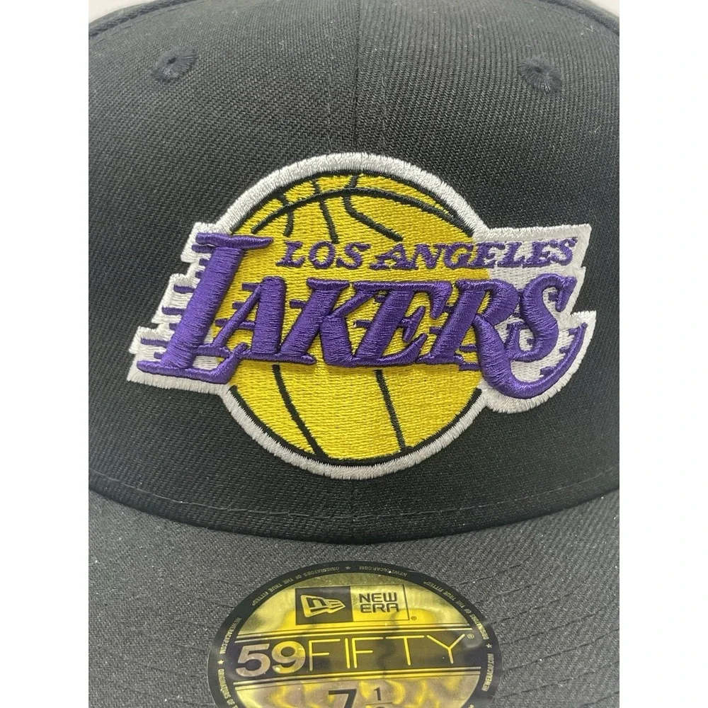 New Era LA Lakers 59Fifty Fitted Hat Black Purple‎ Gold Los Angeles Size 7 1/2